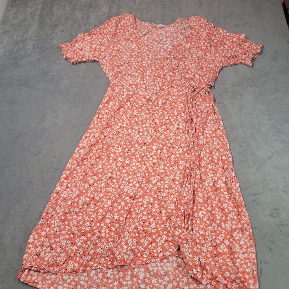 Time and Tru Wrap Dress Women L Coral White Floral High Low Short Sleeve Boho
